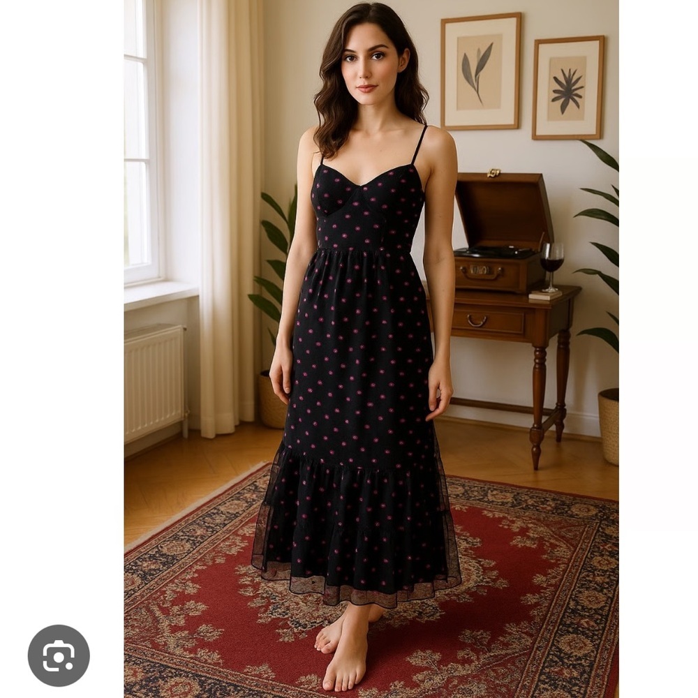 NWT Betsey Johnson Midi Dress Women 10 Black Foil Lip Print Tulle Bustier - Picture 1 of 8
